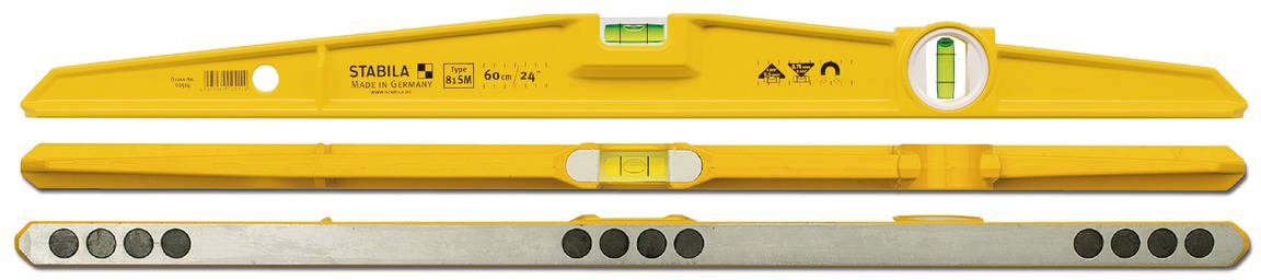 A yellow spirit level shown in three views: front view with sight window, side view, and base with magnetic points.