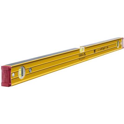 Spirit level made of yellow metal with two vials for checking horizontal and vertical alignment, with red ends.