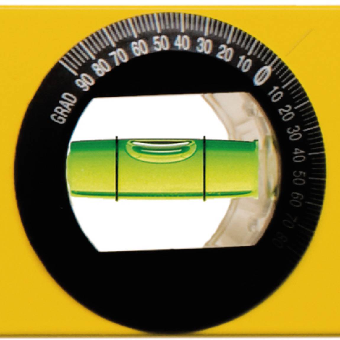 A spirit level indicates a perfectly horizontal alignment, with a green-filled bubble in a yellow casing, surrounded by black degree markings.