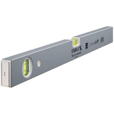 Aluminium spirit level with two vials, one horizontal and one vertical, trademark on the side, labelled 'STABILA'.