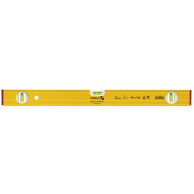 A yellow spirit level with two bubble vials for levelling. Contains markings and logo in the centre.