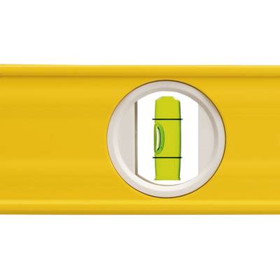 A yellow spirit level with a centred bubble shows a horizontal alignment.