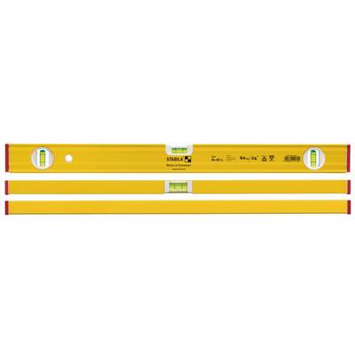 A yellow spirit level with three vials for horizontal and vertical alignment. It has red end caps and black markings.