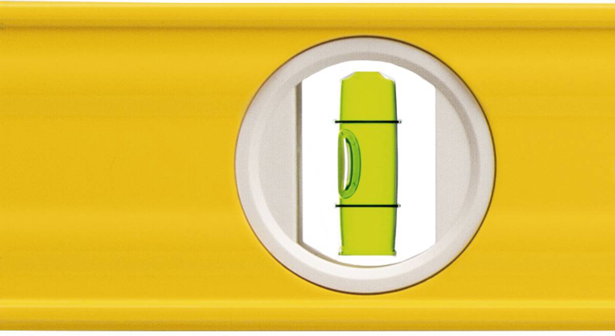A yellow spirit level with a green bubble vial that is centred, thus indicating a straight alignment.