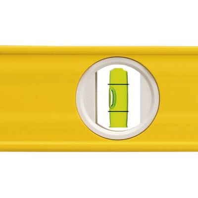 A yellow spirit level with a green bubble vial that is centred, thus indicating a straight alignment.