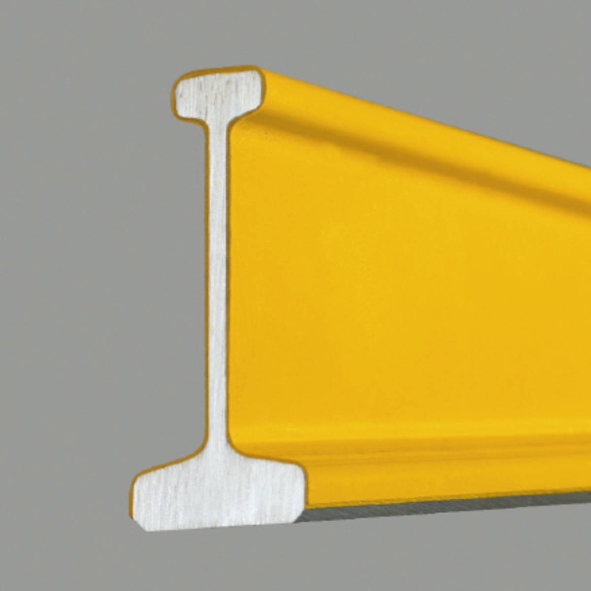A yellow steel I-beam shown from the side. The beam has a silver edge and a smooth surface.