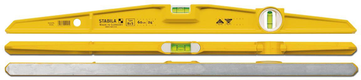 A yellow spirit level, shown from the front, top and bottom, with three horizontal vials for checking levels.
