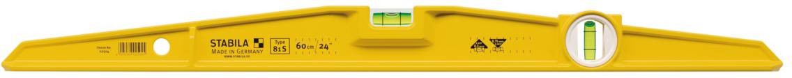 A yellow spirit level with two vials for levelling. It is used to check horizontal and vertical planes.