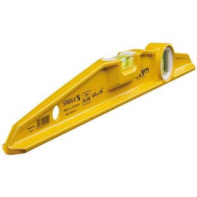 Yellow metal spirit level with two vials, one horizontal and one vertical, for precise alignment.