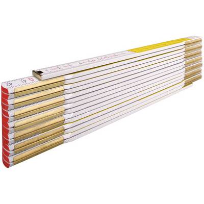 'A folding wooden ruler with metal joints, with inch measurements on the red sides and metric measurements on the white side.'