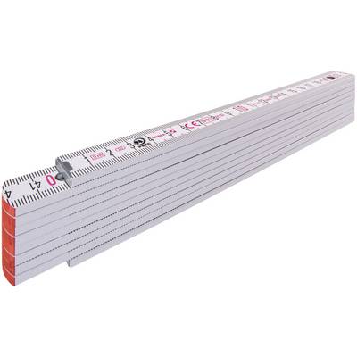 A folded white folding metre rule with black and red markings. Suitable for precise measuring up to 2 metres.