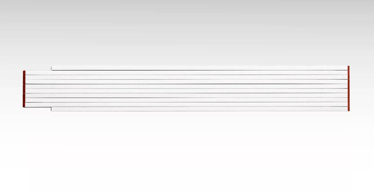 Folded wooden ruler with red ends on a white background, displaying fine markings along its length.
