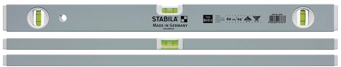 Spirit level with three vials for checking levels. Manufactured in Germany by the Stabila brand.
