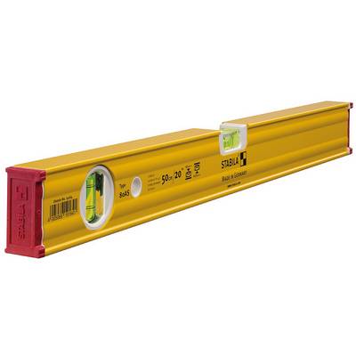 Spirit level with yellow casing and two bubble vials for measuring horizontal and vertical planes, brand and model print visible.