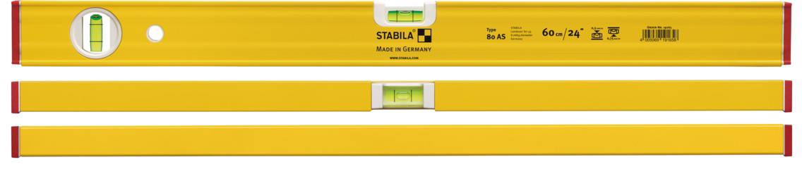 Yellow spirit level with a centred bubble and red end, with the 'Stabila' brand printed on it.