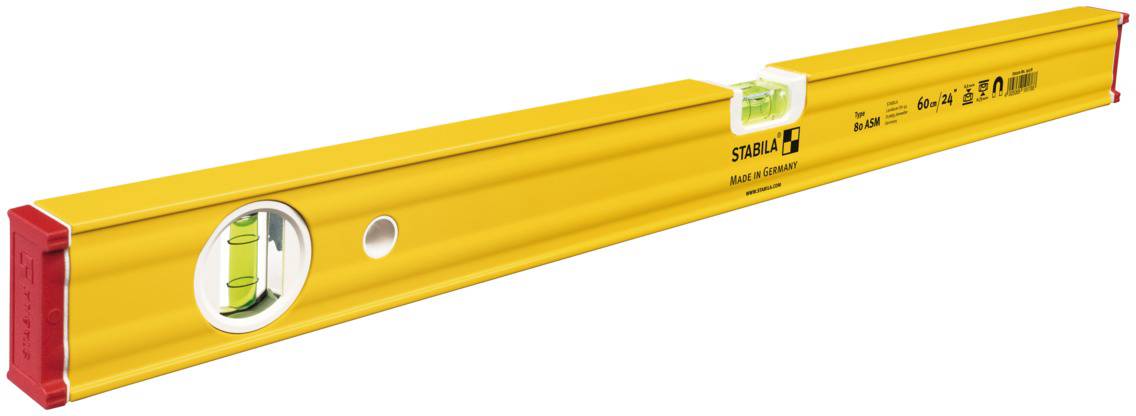 Yellow spirit level with two vials for checking horizontal alignment.