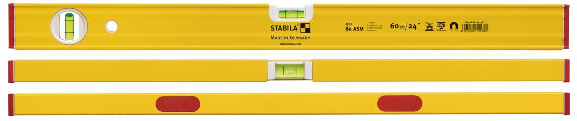 A yellow spirit level with two bubble vials, manufactured in Germany.