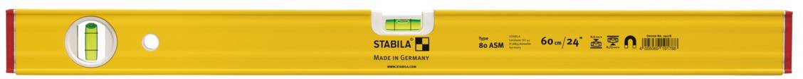 Yellow spirit level with a central vial and company logo. Text 'STABILA' and 'Made in Germany'.