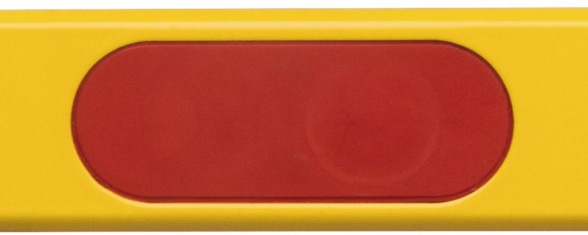 A spirit level with a yellow frame and red vial window for measuring horizontal surfaces.