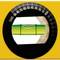 A yellow measuring tool with a spirit level and degree scale from 0 to 90, indicating horizontal alignment. The main detail is the green bubble level.