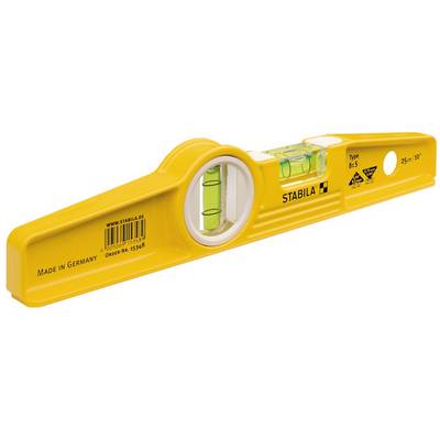 Spirit level, yellow, with two vials, one horizontal and one vertical. Inscription 'STABILA' and 'Made in Germany'.