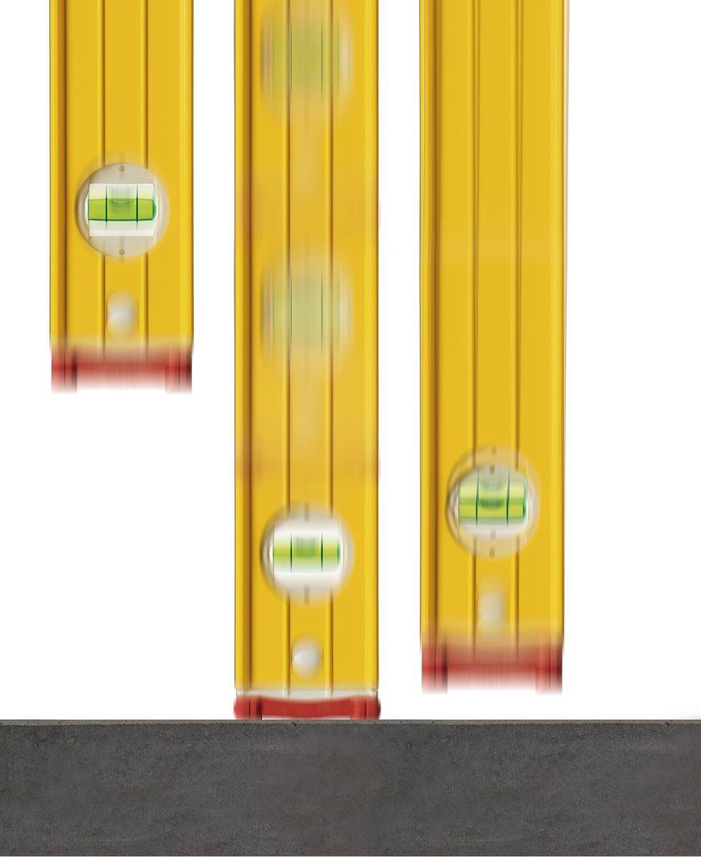 'Three yellow spirit levels in different positions on a white background; tilted left, upright, tilted right.'