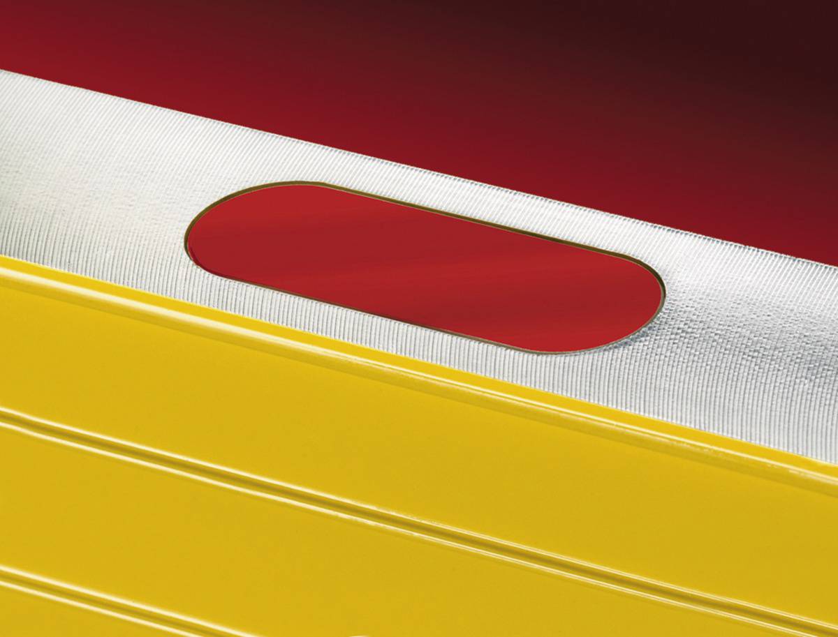 Yellow and red gradient, separated by a silver line with an oval red accent in the centre.