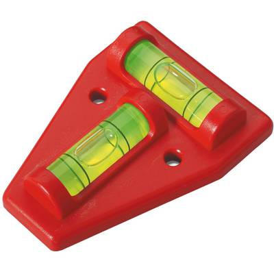 Red spirit level with two green vials, enabling horizontal and vertical alignment.