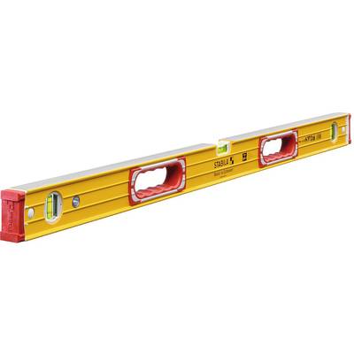 Spirit level in luminous yellow with red handles and two vials for measuring vertical and horizontal alignment.