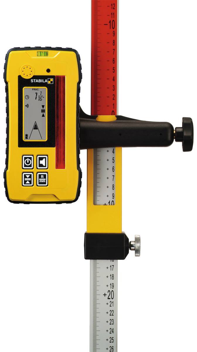 Laser receiver on a measuring rod, shows precise height measurement.
