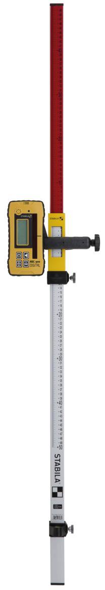 Surveying tool with digital display for height measurement, comprising a red and white graduated pole.