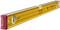 Spirit level made of metal with a yellow casing and red end caps. It contains multiple spirit bubbles for measuring horizontal and vertical alignment.