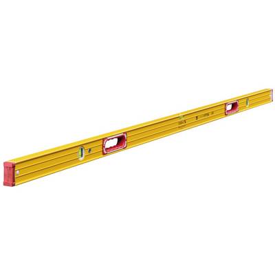 A yellow spirit level with three bubble vials for alignment.