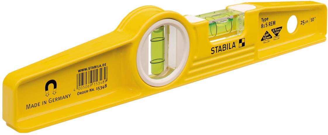 Yellow spirit level by Stabila with two vials for checking horizontal and vertical alignment.