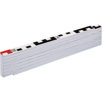 A folding metre rule, partially unfolded, shows centimetre markings with black and red digits.