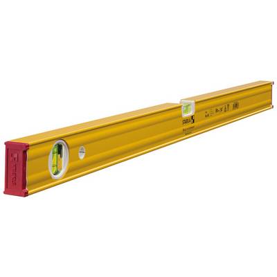 Yellow spirit level with markings and a visible bubble window for horizontal and vertical alignment.