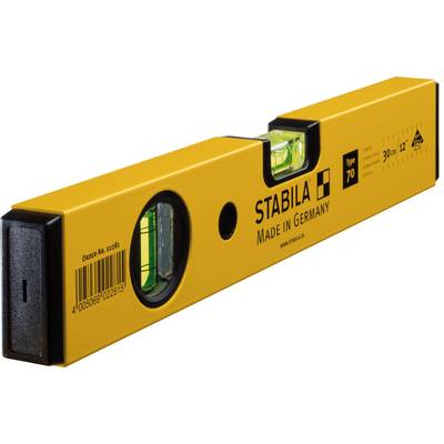 Spirit level with a yellow casing, 'Stabila' brand, 'Made in Germany', 30 cm long, shows spirit bubble for levelling.