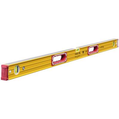 A yellow spirit level with three vials, red handles, and a scale on the top surface, used for measuring levelness.