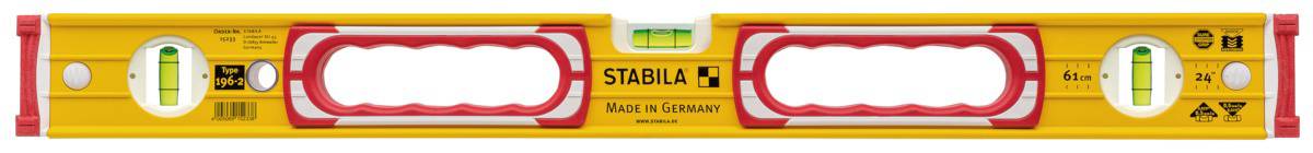 A yellow spirit level with red handles and green vials for horizontal and vertical alignment, brand identifiable.