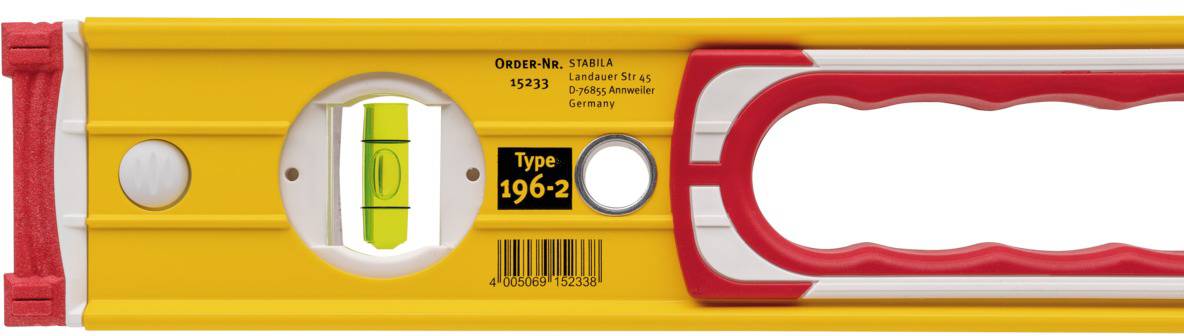 A spirit level with a yellow frame and red handle indicates a horizontal bubble.