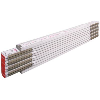 A wooden-effect folding ruler with a white surface and red numbers, displaying length measurements in centimetres.
