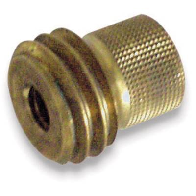 Brass-coloured adaptor piece with ridged upper surface and large thread. Used for connecting hoses or pipes.