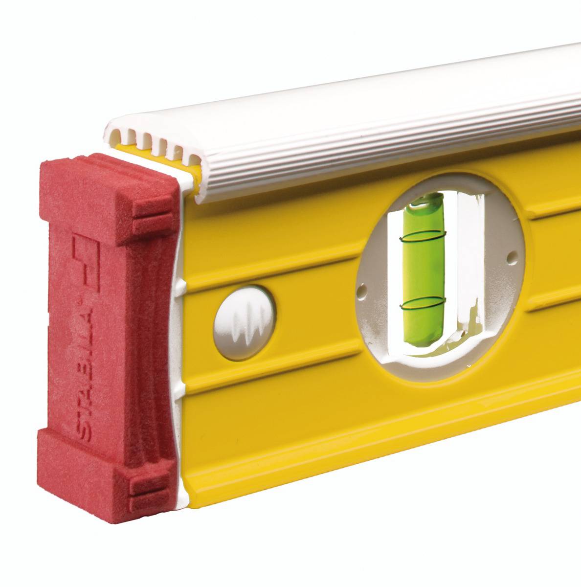 Spirit level with a yellow body and red end, showing a green, circular bubble vial for levelling.