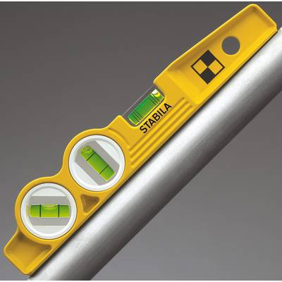 Spirit level with a yellow casing positioned on a pipe, showing a slight tilt, identifiable by the air bubble in the liquid container.
