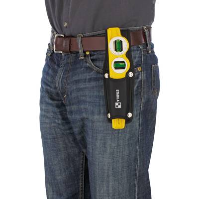 A spirit level in a holster, attached to a belt and worn on the side of a person's jeans.