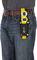 A spirit level in a holster, attached to a belt and worn on the side of a person's jeans.