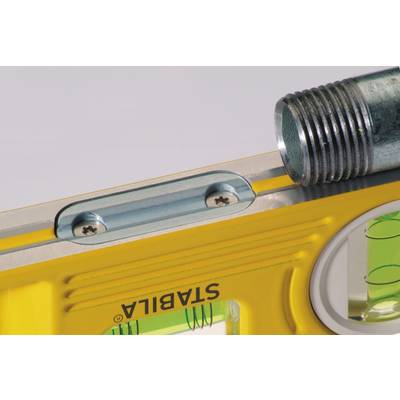 Spirit level with a yellow casing and metal tube attachment, indicates horizontal alignment.