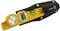 Yellow spirit level by Stabila with protective cover, featuring two vials for measuring horizontal and vertical planes.