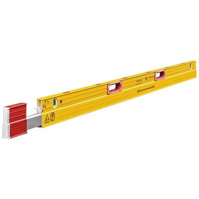 Yellow spirit level with red and white ends, multiple bubble vials for measuring horizontality and extendable extension.