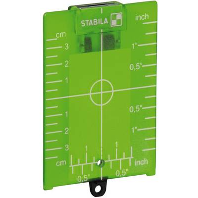 Green laser target board with centimetre and inch measurements, central targeting marker. Marks distances for precise laser measurements.